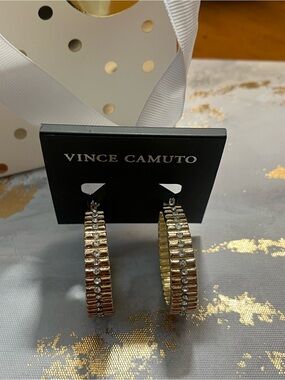 Vince Camuto Gold Ribbed Hoop Earrings with Clear Crystals